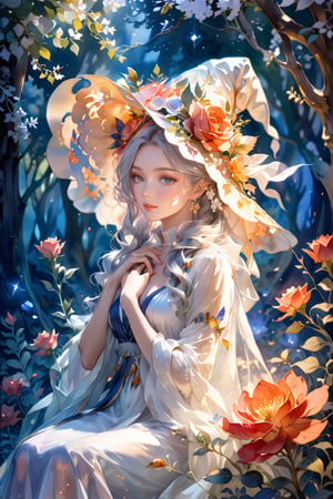 In a lush flower garden with vibrant colors and pleasant light, a beautiful young witch sits delicately amidst blooming blue petals. Her silver-white hair is tied with a ribbon, accentuating her enchanting features. Her soft, detailed purple eyes sparkle brightly, with long lashes adding to her allure. Her lips are painted red, drawing the viewer's attention. The softly blurred background complements the gentle pose of the witch, creating a harmonious and captivating scene.,watercolor \(medium\)