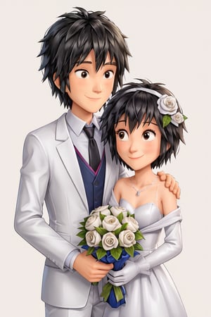 masterpiece, best quality, ,1girl, 1boy, flower, dress, shirt, necktie, bouquet, white flower, collared shirt, hair ornament, jacket, gloves, holding, formal, simple background, hetero, holding bouquet, white jacket, hair flower, long sleeves, suit, hairband, white rose, white pants, pants, short hair, white gloves, looking at another, grey background, off shoulder, smile, black necktie, rose, white suit, wedding dress, hand on another's face, white dress, Hiro Hamada, Peni Parker, Nyantcha style