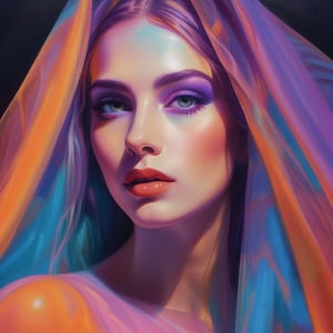 Refracted light shining on a translucent veil with prismatic hues over a beautiful face, mysterious and hidden, shimmery and layered, dynamic composition and dramatic lighting, synthwave, opalescent, violet, red, blue, turquoise, orange,American painter Wylee Risso's painting style