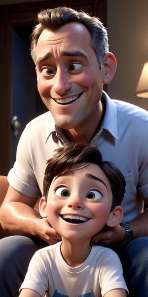 : 3D animation, Disney Pixar, personality: [Show the father smiling fondly at his son's reaction, reflecting a sense of warmth and love in his expression. The atmosphere should feel cozy and familial, emphasizing the bond between the father and son] unreal engine, hyper real --q 2 --v 5.2 --ar 9:16