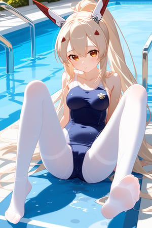 masterpiece,best quality,high quality,(colorful)            
1girl,solo,(very long hair:1.2)    
(extremely delicate and beautiful),ultra-high resolution              
ayanami \(azur lane\)  
light yellow hair  
sexually suggestive  
Orgasmic expression            
High ponytail            
Foot socks            
White silk pantyhose 
Wearing a campus one-piece swimsuit  
One-piece swimsuit with lace trim
Background by the pool
A wet body