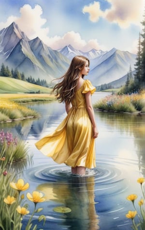 1girl, girl in yellow silky dress stands in water, has very long brown hair, fullbody, behind her there's a landscape with mountains, lush meadows, flowers and blue sky, watercolor painting vibes, sunny day