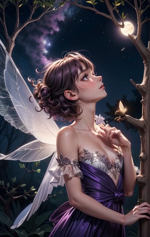 1girl, fairy in the moonlight with delicate wings and curly hair, looks up, tree branches, purple hues, ethereal