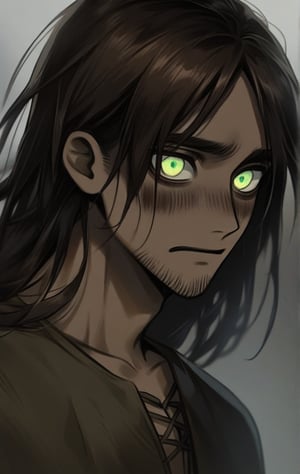 1boy, eren yeager, attack on titan, tan skin, long hair, stubble, long dark brown hair, glowy eyes, dull face expression, muted colors