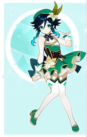 1boy, venti, genshin impact, cute face, fullbody, idol dress, stockings, green dress, mini skirt