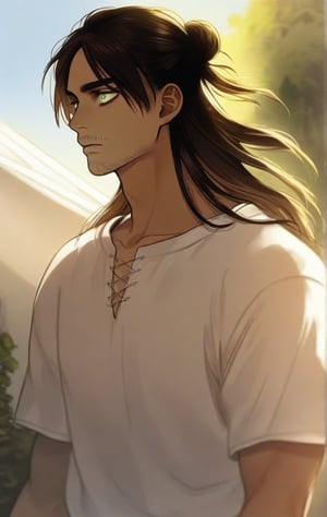 1boy, eren yeager, attack on titan,tan skin, long hair, stubble, streatwear, hoodie, white t-shirt daylight, hair bun