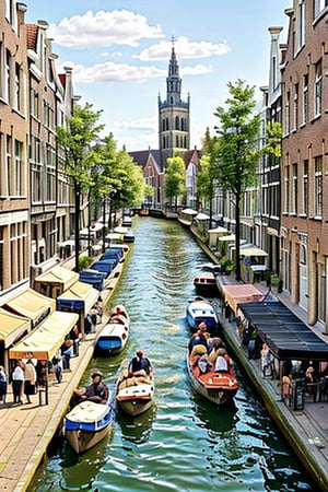 Create a realistic photograph of Delft, cellphone camera quality, Netherlands. The image should feature the famous canal with local houses on both sides. The center part of the picture should be the canal. In the background, the Oude Kerk (Old Church) should be in the background. There are people walking on the streets beside the canal. There are local bikes lining up along the canal. Along the canal, there are outdoor café seating areas where some people are sitting, reading newspapers, and enjoying their coffee, realistic, Half-timbered Construction,Signature, European building style.