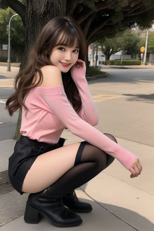 1girl, Japanese top model, female_solo, charming, long hair to shoulders, looking at viewer, smile, bangs, black mini skirt, pink tight sweater, brown hair, shirt, bare shoulders, thighhighs, black thighhighs, long sleeves, brown eyes, full body, boots, outdoors, black thighhighs, blunt bangs, black footwear, tree, thigh boots, squatting, pink shirt, realistic, pink sweater, photo background