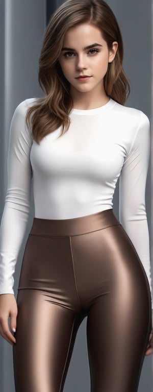 craft a hyper realistic vertical photo of most attractive serious girl in her 18s in sexy transparent legging, trending on artstation, waist up portrait, digital art, modern, sleek, highly detailed, formal, serious, determined, CEO, colorized, smooth, charming, pretty, soft smile, soft lips, black eyes, Trendsetter wolf cut brown hair, Emma Watson,