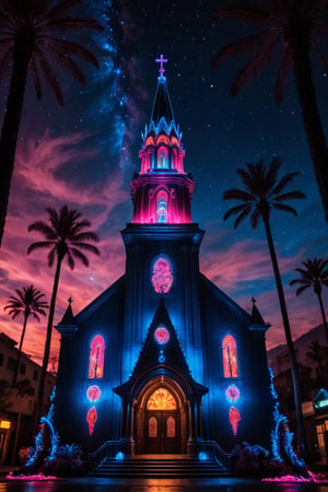 Cinematic, hyper realistic Church with palm trees 




