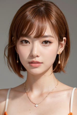 1girl, solo, looking at viewer, short hair, simple background, brown hair, jewelry, collarbone, earrings, parted lips, artist name, grey background, necklace, orange hair, mole, lips, portrait, freckles, realistic, nose, mole on cheek,(Han Hyo Joo:0.8), (Anne Hathaway:0.8),AIDA_LoRA_AnC