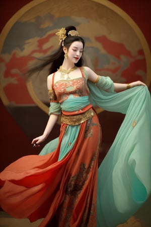 This is a digital photography. A girl, photographed from head to toe, wears an ornate, flowing costume from ancient Chinese Dunhuang murals in bright colors including turquoise, gold and red, embellished with floral patterns and delicate details. The long flowing black hair is decorated with ornate hair accessories, against a background of softly blurred glowing spheres and abstract elements, suggesting a mysterious or dreamy environment. The dynamic light and flow of clothing convey a sense of movement, adding to the ethereal quality of the artwork. The overall ambience is both serene and vivid, and the rich combination of textures and colors is intoxicating. Floating in the air, posing gracefully like a Chinese classical folk dance~~~~The body rotates sideways, causing the sleeves and hair to fly,AIDA_LoRA_AnC,(Han Hyo Joo:0.8), (Anne Hathaway:0.8),DUNHUANG_CLOTHS,dunhuang_cloths,Dunhuang