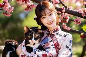 A beautiful woman in a cheongsam stood next to a plum blossom. A cat climbed onto the plum tree. The beautiful woman was looking at the cat and smiling. (Han Hyo Joo:0.8), (Anne Hathaway:0.8),