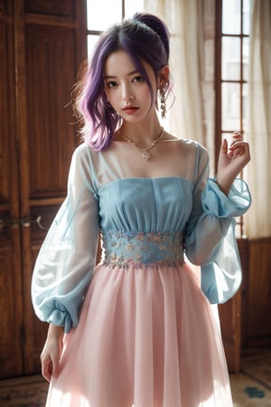 1girl, solo, looking at viewer, long hair, multicolored hair, purple hair, blue hair, blue eyes, ponytail, hair ornament, earrings, jewelry, multicolored clothes, see-through dress, blue dress, pink dress, see-through sleeves, flower, standing, (Han Hyo Joo:0.8), (Anne Hathaway:0.8),