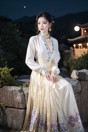 long sleeves, jewelry, dress, cleavage, jewelry, sitting, collarbone, flower, earrings, outdoors, water, lips, see-through, sash, petals, Chinese clothes, floral print, moon, upper body, full moon,Hanfu, realistic, wisteria, masterpiece, best quality, photorealistic, raw photo,long skirt