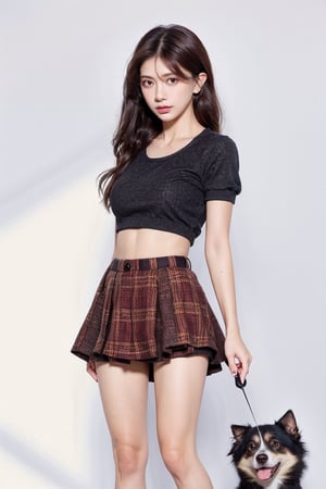 (((masterpiece))), (((best quality))), Best picture quality, high resolution, 8k, realistic, sharp focus, realistic image of elegant lady, Korean beauty, supermodel, girl, standing, wearing short-sleeved school uniform, dark-colored skirt, pleated skirt with tartan pattern, bubble socks, student shoes, light brown hair, long hair, green eyes, side-swept bangs, sideburns, phone, (wet body:1.0), sunlight, sweat, a dog, helf body, shoes removed, Head tilt, untucked, Profile, (high quality:1.0), (white background:0.8), detailed face, (blush:1.0), 1 girl, Young beauty spirit, ZGirl, perfect light, Detailedface, 1 girl, big eyes, eye shadow, SharpEyess, perfecteyes eyes , Smirk,Detailedface, perfect light, ZGirl,dreaming_background, photo of perfecteyes eyes,