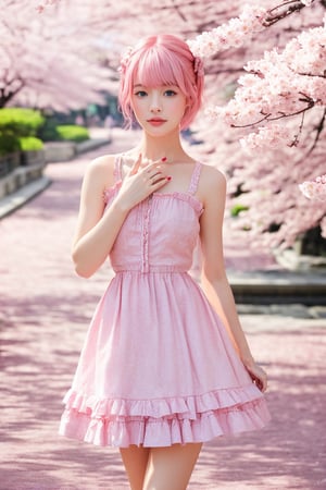 girl with pink hair, blue eyes, wearing a frilly dress, stands beneath cherry blossom trees, petals drifting around her, soft pastel background, sakura theme, ultra fine details, digital painting,(Han Hyo Joo:0.8), (Anne Hathaway:0.8),milokk