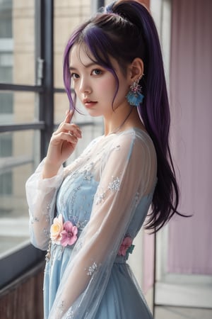 1girl, solo, looking at viewer, long hair, multicolored hair, purple hair, blue hair, blue eyes, ponytail, hair ornament, earrings, jewelry, multicolored clothes, see-through dress, blue dress, pink dress, see-through sleeves, flower, standing, (Han Hyo Joo:0.8), (Anne Hathaway:0.8),