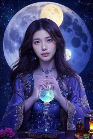 Lunar Apothecary A woman with skin like moonlight and eyes that hold the secrets of celestial herbs, brews potions under the glow of two moons. Her flowing gown, adorned with lunar symbols and botanical motifs, reflects her connection to the healing power of the cosmos.
 
