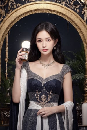 Lunar Apothecary A woman with skin like moonlight and eyes that hold the secrets of celestial herbs, brews potions under the glow of two moons. Her flowing gown, adorned with lunar symbols and botanical motifs, reflects her connection to the healing power of the cosmos.
 
