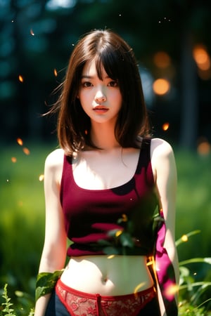fashion portrait photo of beautiful young woman from the 60s wearing a red wool underwear standing in the middle of a open space meadow, taken on a hasselblad medium format camera, ((closeup top shot)), ((fireflies)),(Han Hyo Joo:0.8), (Anne Hathaway:0.8),