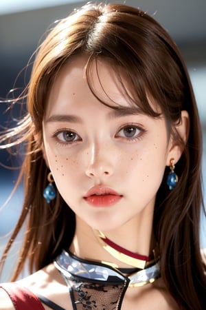 1girl, solo, looking at viewer, blue eyes, brown hair, jewelry, upper body, earrings, mole, hair over one eye, blurry, lips, blurry background, messy hair, freckles, realistic, red lips