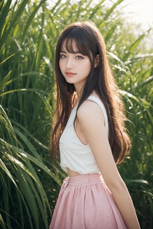 A stunning masterpiece! A 16-year-old girl stands proudly in a lush grass field, surrounded by a sea of vibrant flowers. Wind gently blows through her long, curly hair, with bangs framing her heart-shaped face. Her denim overalls and flowing skirt rustle softly as she smiles shyly ((nervous and embarrassed)). Her beautiful features are accentuated by the sun-kissed horizon, with pink flowers scattered artfully around her feet. She holds a bouquet of fresh blooms in one hand, her real hands delicate yet strong. The camera captures every strand of hair, every eyelash, in ultra-detailed, photorealistic quality (16k). Her eyes sparkle with a mix of shyness and confidence, as the sun casts a warm glow on this masterpiece of a composition. (Song Hye-gyo:0.8), (Anne Hathaway:0.8)