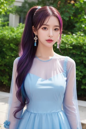 1girl, solo, looking at viewer, long hair, multicolored hair, purple hair, blue hair, blue eyes, ponytail, hair ornament, earrings, jewelry, multicolored clothes, see-through dress, blue dress, pink dress, see-through sleeves, flower, standing, (Han Hyo Joo:0.8), (Anne Hathaway:0.8),