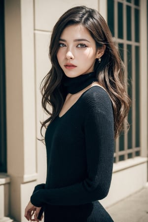 background is street,the Arc de Triomphe,triumphal arch,Paris,
18 yo, 1 girl, beautiful korean girl,
wearing tight black sweater(turtle neck,simple),tight leather short skirt,black long boots,shoulder bag, smile, solo, {beautiful and detailed eyes}, dark eyes, calm expression, delicate facial features, ((model pose)), Glamor body type, (dark hair:1.2), simple tiny earrings, simple tiny necklace,very_long_hair, hair past hip, bangs, curly hair, flim grain, realhands, masterpiece, Best Quality, 16k, photorealistic, ultra-detailed, finely detailed, high resolution, perfect dynamic composition, beautiful detailed eyes, eye smile, ((nervous and embarrassed)), sharp-focus, full_body, cowboy_shot,(Chi-Ling Lin:0.8), (Emma Watson:0.8),