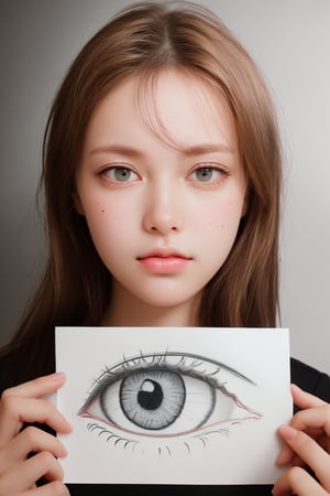 prompt: photograph of a woman who holds a strip of paper in front of her eyes that displays a pencil drawing of eyes, beautiful studio lighting photography in which the drawing of eyes obscures the real eyes