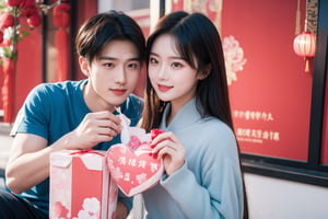 Beautiful girl and (handsome boyfriend) spend romantic ((Chinese Valentine's Day)) happily, 