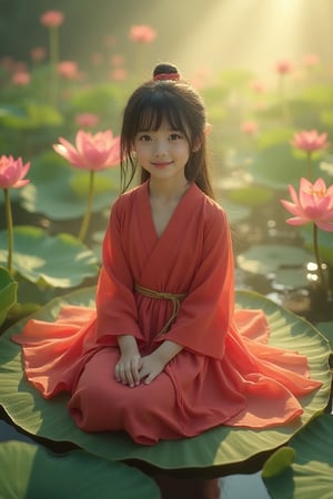 A serene and idyllic scene unfolds as a lovely japanese girl, dark hair sits poised on a lotus leaf, surrounded by lush water crimson lotus, wearing red dress. The camera captures her gentle smile and playful pose, with the pear blossoms framing her features. Soft, warm sunlight filters through the misty air, casting a soft glow over the tranquil setting, soft sunlight shine her face. Realistic Photo. different image