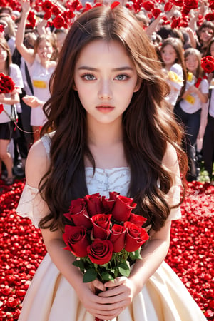  beautiful red roses and an explosion of red rose petals, creating a stunning scene that captures the essence of the celebration. a beautiful cute young attractive aussie teenage girl, village girl, 18 years old, cute, Instagram model, long brunette hair, big eyes,