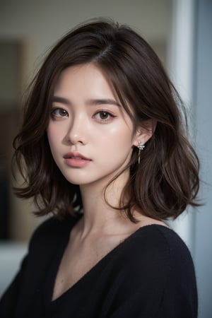 1girl, solo, looking at viewer, blue eyes, brown hair, jewelry, upper body, earrings, mole, hair over one eye, blurry, lips, blurry background, messy hair, freckles, realistic, red lips,(Han Hyo Joo:0.8), (Anne Hathaway:0.8),
