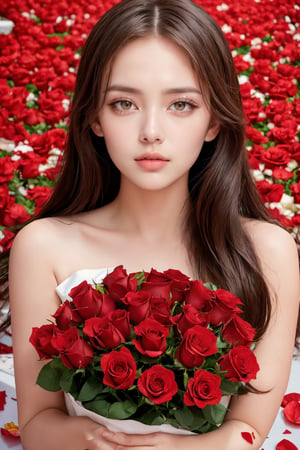  beautiful red roses and an explosion of red rose petals, creating a stunning scene that captures the essence of the celebration. a beautiful cute young attractive aussie teenage girl, village girl, 18 years old, cute, Instagram model, long brunette hair, big eyes,