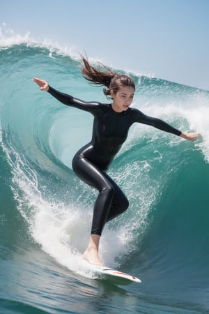 A breathtaking Olympic female surfer caught riding a massive wave. Her athletic body showcases both strength and grace, with long, toned legs that seem to stretch endlessly. Her lean, sculpted physique is accentuated by a form-fitting wetsuit, unzipped just enough to hint at her curves. She's captured in a dynamic pose atop her surfboard, body arched elegantly as she navigates the curl of the wave. Her muscular arms are extended for balance, every sinew defined, demonstrating power and control. Her sun-kissed face shows intense focus mixed with exhilaration, eyes locked on the wave ahead. Salt water droplets cling to her features, enhancing her natural beauty. Her long, wet hair streams behind her, adding to the sense of speed and motion. The background features a towering wave, its translucent blue-green waters contrasting with the surfer's board and wetsuit. Sprays of white foam accent the scene, emphasizing the wave's power. Use a vibrant color palette dominated by ocean blues and greens. Capture the juxtaposition of the surfer's feminine allure with her evident strength and skill, embodying the spirit of Olympic surfing. ,photorealistic:1.3, best quality, masterpiece,MikieHara,(Han Hyo Joo:0.8), (Anne Hathaway:0.8),