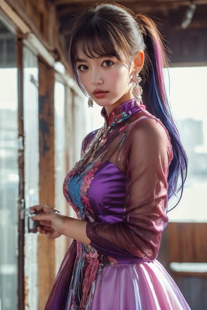 1girl, solo, looking at viewer, long hair, multicolored hair, purple hair, blue hair, blue eyes, ponytail, hair ornament, earrings, jewelry, multicolored clothes, see-through dress, blue dress, pink dress, see-through sleeves, flower, standing, (Han Hyo Joo:0.8), (Anne Hathaway:0.8),