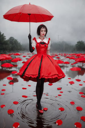 Create an image of a mysterious character in a ruffled red dress with white and black striped stockings standing under an oversized red umbrella amidst heavy rainfall. The setting is somber with various shades of grey, punctuated by multiple smaller red umbrellas scattered around. Raindrops create ripples on puddles on the ground, adding to the atmospheric depth of the scene.