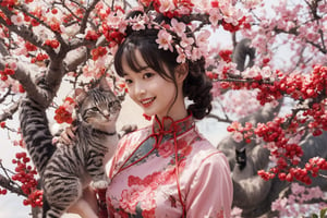 A beautiful woman in a cheongsam stood next to a plum blossom. A cat climbed onto the plum tree. The beautiful woman was looking at the cat and smiling. (Han Hyo Joo:0.8), (Anne Hathaway:0.8),
