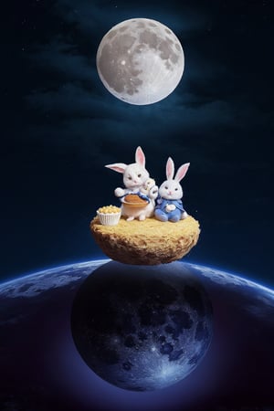 Chang'e and Moon Rabbit sit on a huge moon cake together, flying in the air, preparing to land on earth. The background is a big full moon, a dark sky, and thousands of lights in the world. 8k picture quality, full of details.