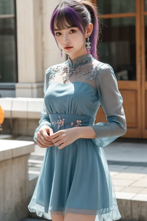 1girl, solo, looking at viewer, long hair, multicolored hair, purple hair, blue hair, blue eyes, ponytail, hair ornament, earrings, jewelry, multicolored clothes, see-through dress, blue dress, pink dress, see-through sleeves, flower, standing, (Han Hyo Joo:0.8), (Anne Hathaway:0.8),