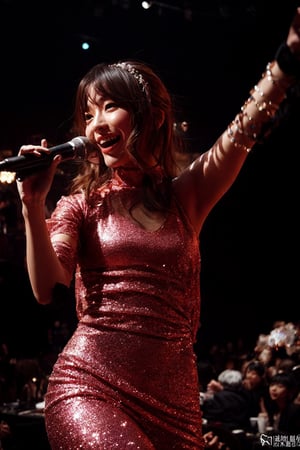 A vibrant scene unfolds at the Paramount Ballroom in Shanghai: a stunning young woman takes center stage, her microphone grasped confidently as she belts out a soulful tune. The spotlight shines down, highlighting her bright smile and animated expressions. A sea of dancing guests surrounds her, their eyes fixed on the performer with joyful abandon. The air is electric with excitement, the music and laughter blending in perfect harmony.
(Han Hyo Joo:0.8), (Anne Hathaway:0.8),