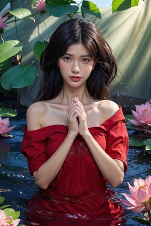 A serene and idyllic scene unfolds as a lovely japanese girl, dark hair sits poised on a lotus leaf, surrounded by lush water crimson lotus, wearing red dress. The camera captures her gentle smile and playful pose, with the pear blossoms framing her features. Soft, warm sunlight filters through the misty air, casting a soft glow over the tranquil setting, soft sunlight shine her face. Realistic Photo. different image