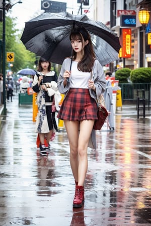 The girl wore a short skirt and walked on the rainy street, holding an umbrella. Upper body photos, 8K,
(Han Hyo Joo:0.8), (Anne Hathaway:0.8),holding umbrella,hand holding umbrella,