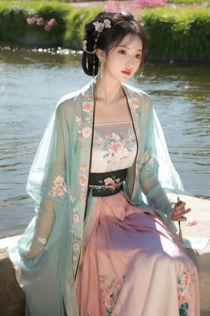 long sleeves, jewelry, dress, cleavage, jewelry, sitting, collarbone, flower, earrings, outdoors, water, lips, see-through, sash, petals, Chinese clothes, floral print, moon, upper body, full moon,Hanfu, realistic, wisteria, masterpiece, best quality, photorealistic, raw photo,long skirt,seethrough_china_dress,hanfu