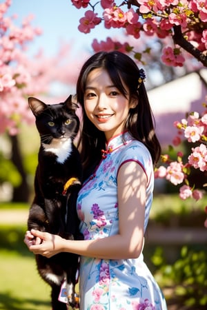 A beautiful woman in a cheongsam stood next to a red plum tree. A cat climbed onto the plum tree. The beautiful woman was looking at the cat and smiling.
(Han Hyo Joo:0.8), (Anne Hathaway:0.8),