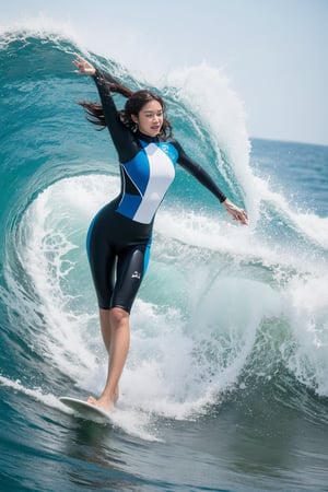 A breathtaking Olympic female surfer caught riding a massive wave. Her athletic body showcases both strength and grace, with long, toned legs that seem to stretch endlessly. Her lean, sculpted physique is accentuated by a form-fitting wetsuit, unzipped just enough to hint at her curves. She's captured in a dynamic pose atop her surfboard, body arched elegantly as she navigates the curl of the wave. Her muscular arms are extended for balance, every sinew defined, demonstrating power and control. Her sun-kissed face shows intense focus mixed with exhilaration, eyes locked on the wave ahead. Salt water droplets cling to her features, enhancing her natural beauty. Her long, wet hair streams behind her, adding to the sense of speed and motion. The background features a towering wave, its translucent blue-green waters contrasting with the surfer's board and wetsuit. Sprays of white foam accent the scene, emphasizing the wave's power. Use a vibrant color palette dominated by ocean blues and greens. Capture the juxtaposition of the surfer's feminine allure with her evident strength and skill, embodying the spirit of Olympic surfing. ,photorealistic:1.3, best quality, masterpiece,MikieHara,