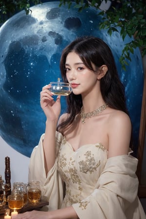 Lunar Apothecary A woman with skin like moonlight and eyes that hold the secrets of celestial herbs, brews potions under the glow of two moons. Her flowing gown, adorned with lunar symbols and botanical motifs, reflects her connection to the healing power of the cosmos.
 
