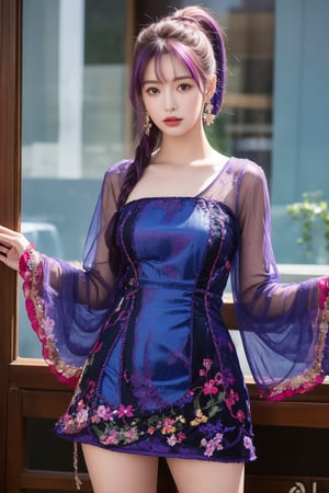 1girl, solo, looking at viewer, long hair, multicolored hair, purple hair, blue hair, blue eyes, ponytail, hair ornament, earrings, jewelry, multicolored clothes, see-through dress, blue dress, pink dress, see-through sleeves, flower, standing, (Han Hyo Joo:0.8), (Anne Hathaway:0.8),