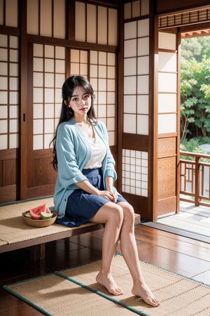 a young woman sitting barefoot on the wooden porch of a traditional Japanese house. Her attire includes a light blouse, a blue skirt, and a cardigan. Beside her is an oscillating fan, and near her foot is a tray with watermelon slices and a glass of water. The background features sliding shoji doors, adding to the tranquil and nostalgic mood of the scene.